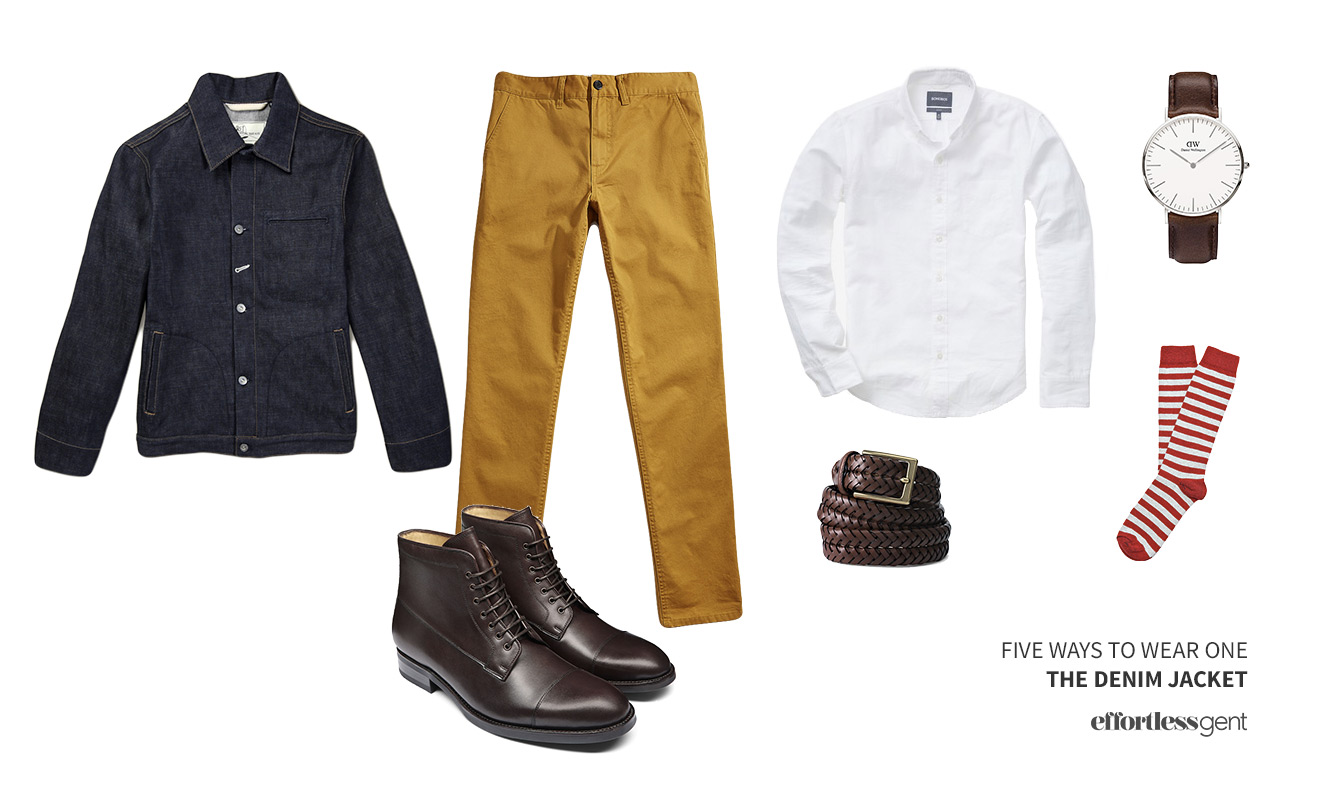 Denim Jacket outfits with chinos and a white shirt