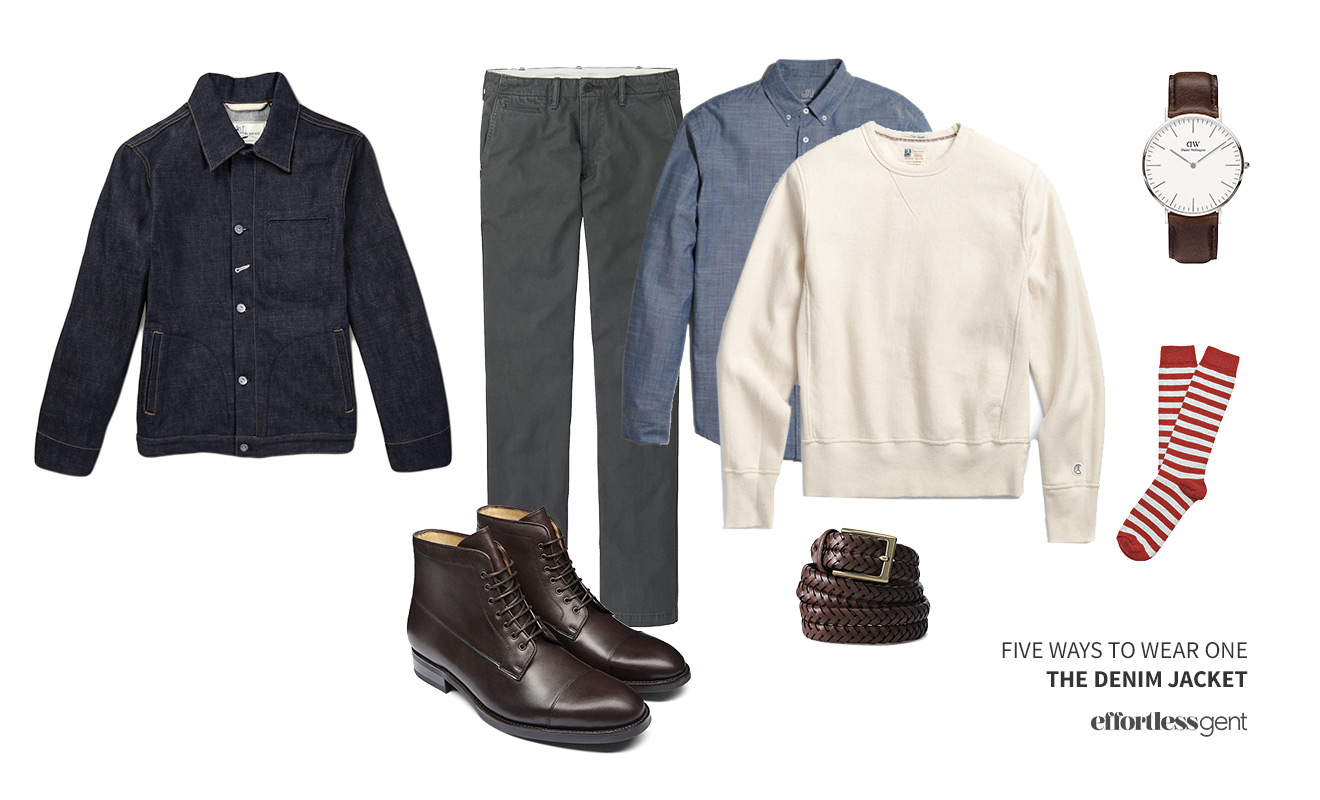 denim jacket outfits with grey chinos and a chambray shirt