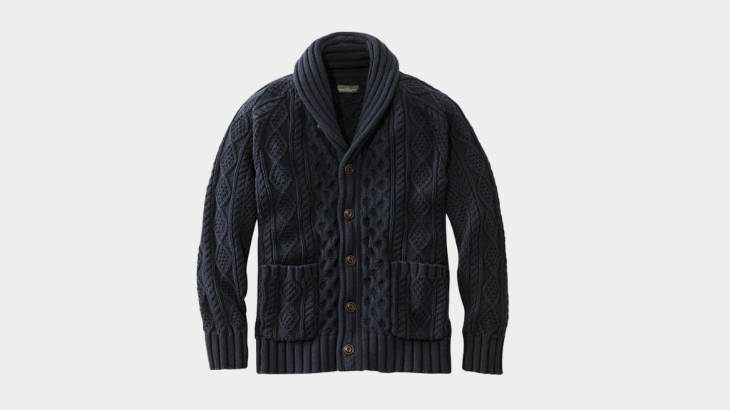 the ll bean navy fisherman sweater mens shawl cardigan