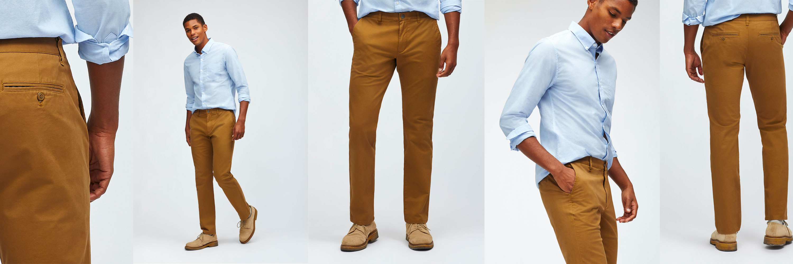 man wearing tan khaki chinos and light blue button up shirt
