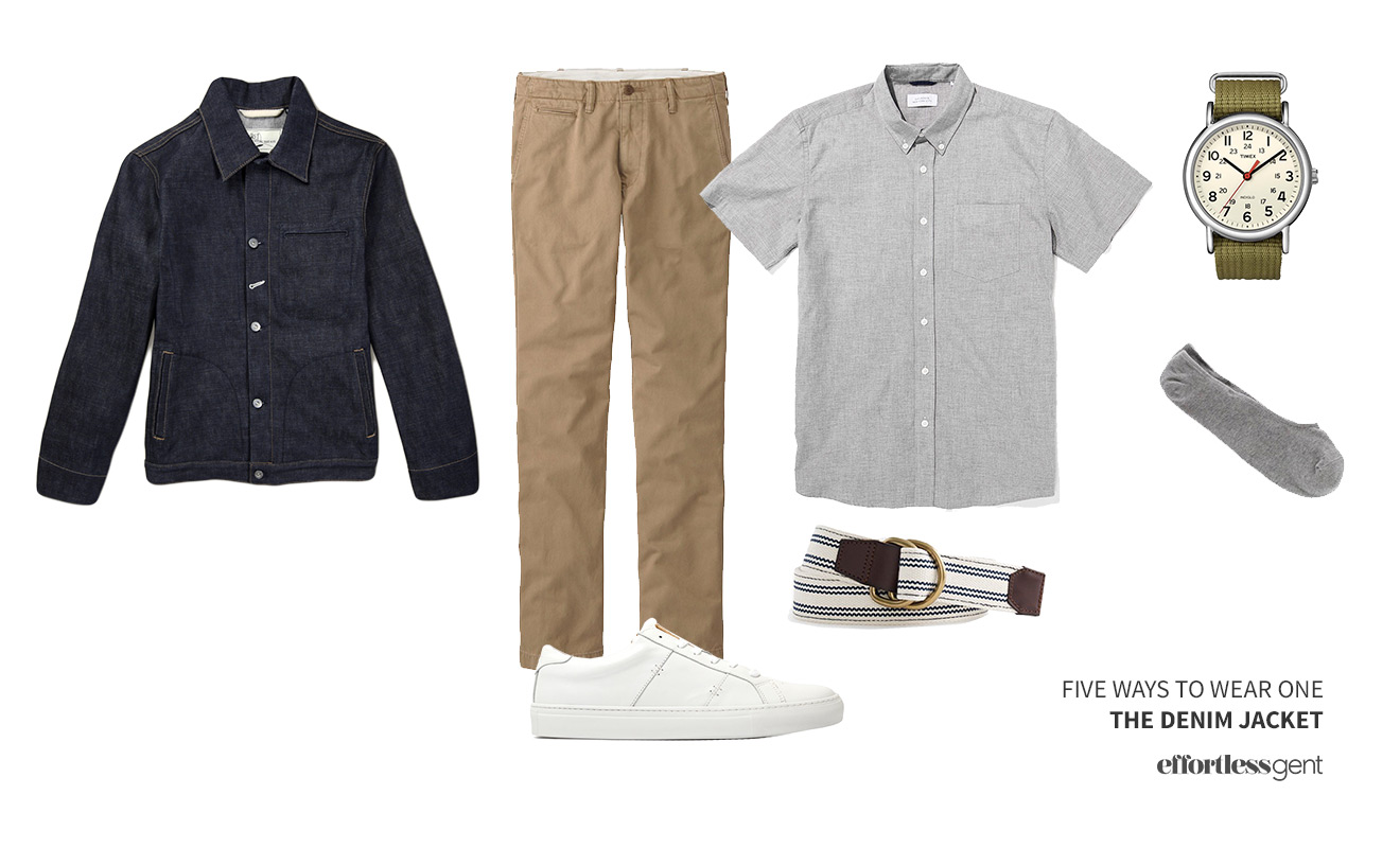 denim jacket with slim khaki chinos and a grey short sleeve shirt