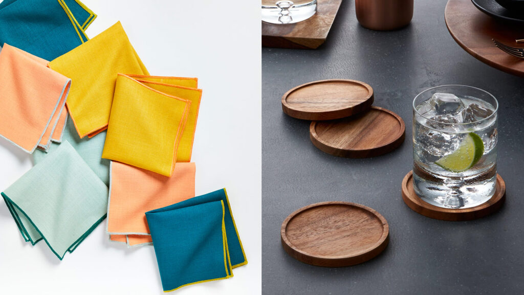 home bar setup essential cocktail napkin linens and wood coasters