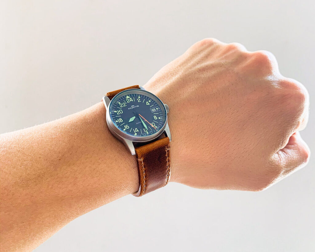 brown leather watch band from Barton on Fortis Flieger 24h