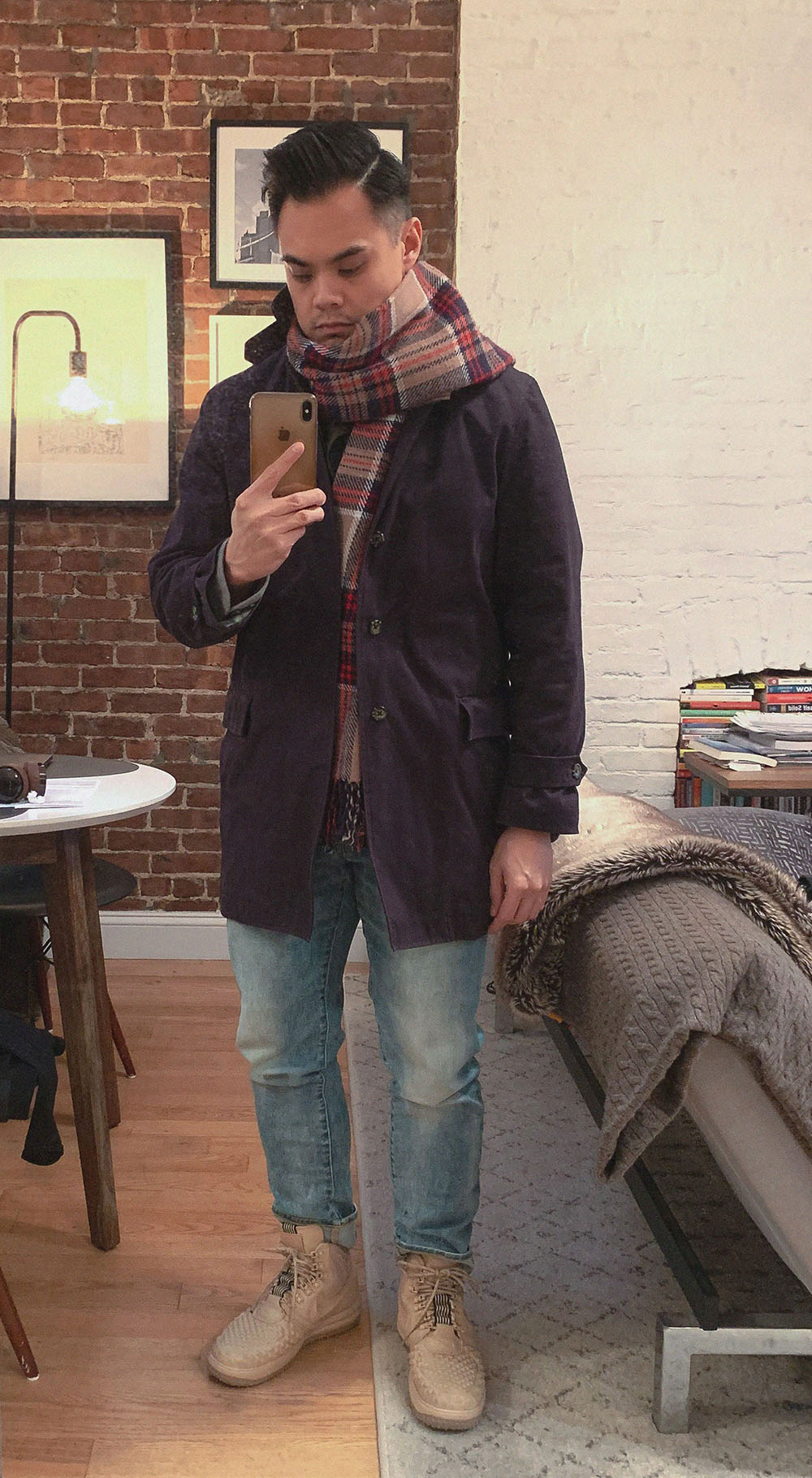 plaid men's scarf navy coat and light denim