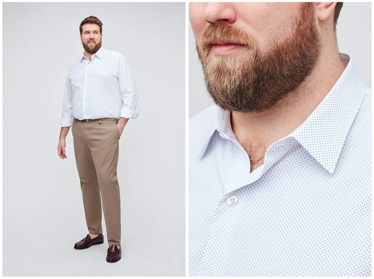 photo of larger man wearing white shirt with blue dots, full body and close up