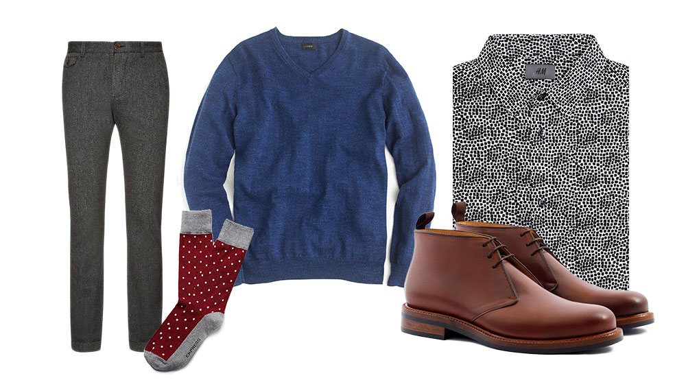 boot_1 a business casual look with gray trousers v neck sweater and chukkas