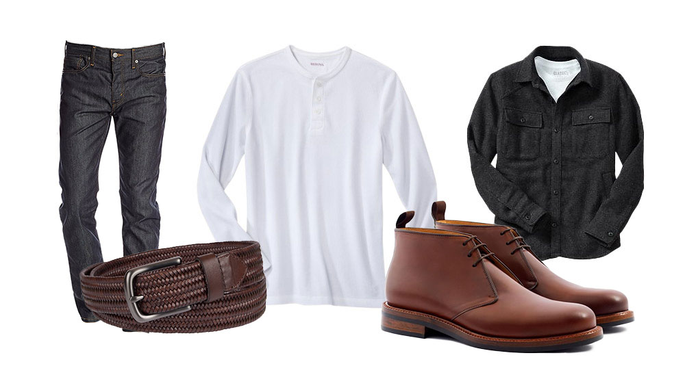 a cold weather outfit with denim white henley grey overshirt and chukka boots
