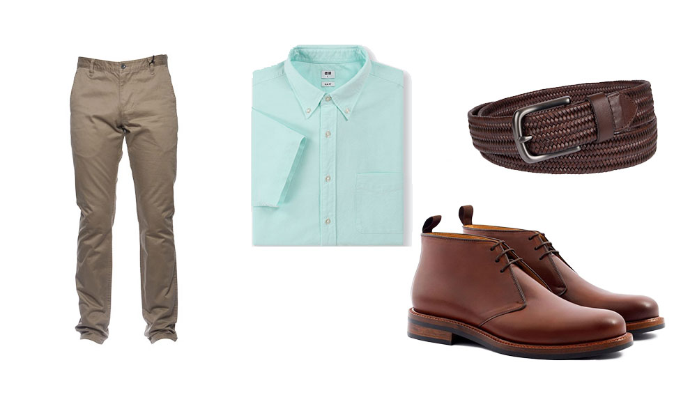 a casual outfit with tan chinos short sleeve shirt and chukkas