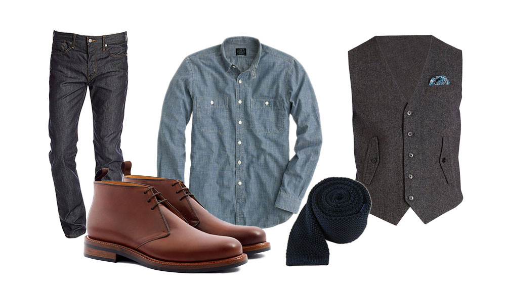 how to wear chukka boots casually with denim and a chambray shirt