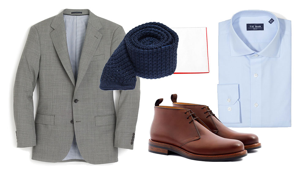how to wear chukka boots formally with a grey suit and light blue dress shirt
