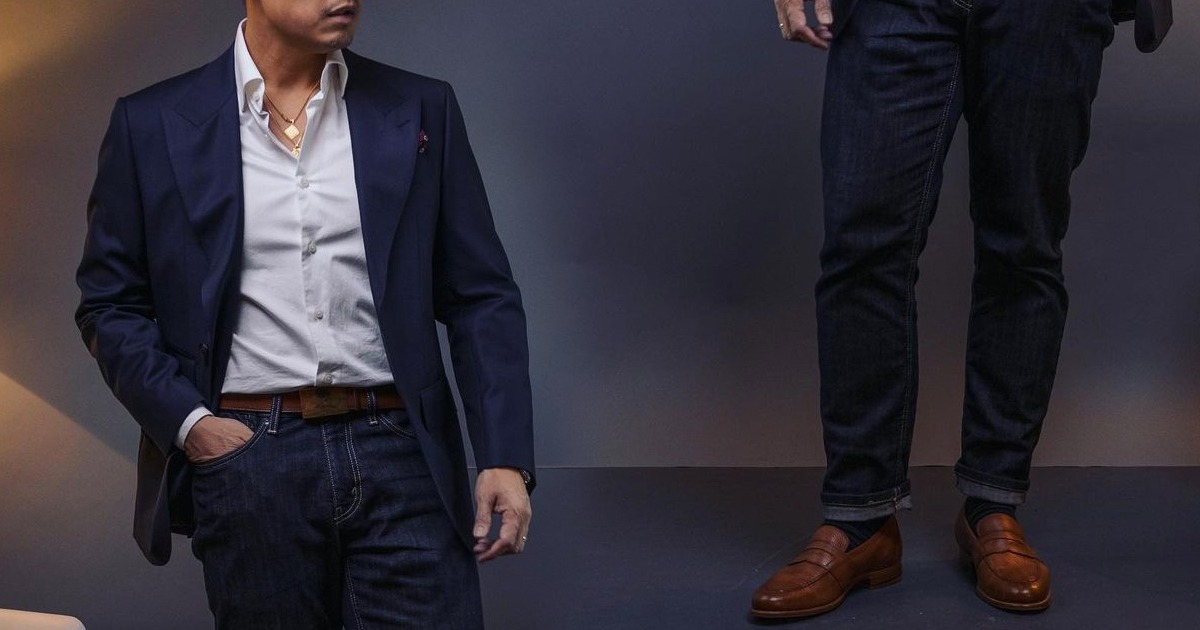side by side photo of man in jacket and jeans