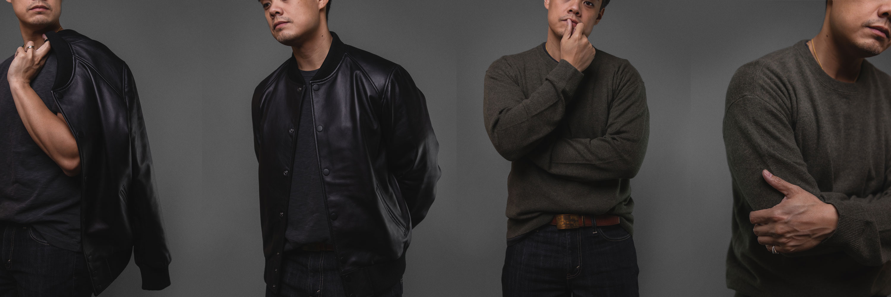 black leather jacket and army green sweater worn by asian man standing in front of grey background