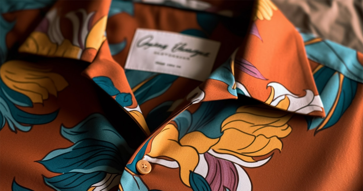 closeup of men's resort wear aloha shirt in orange and teal