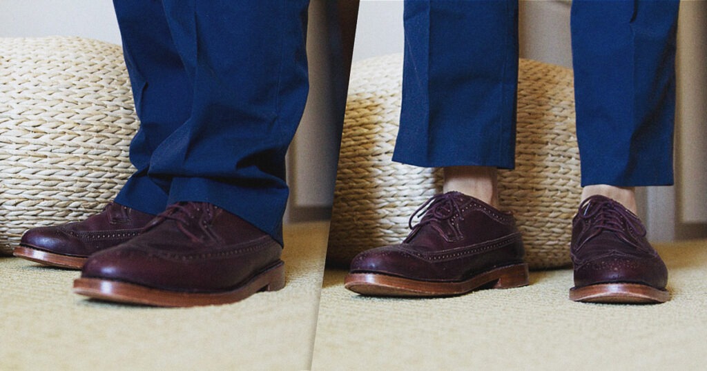 closeup photo of suit trousers with full break and no break