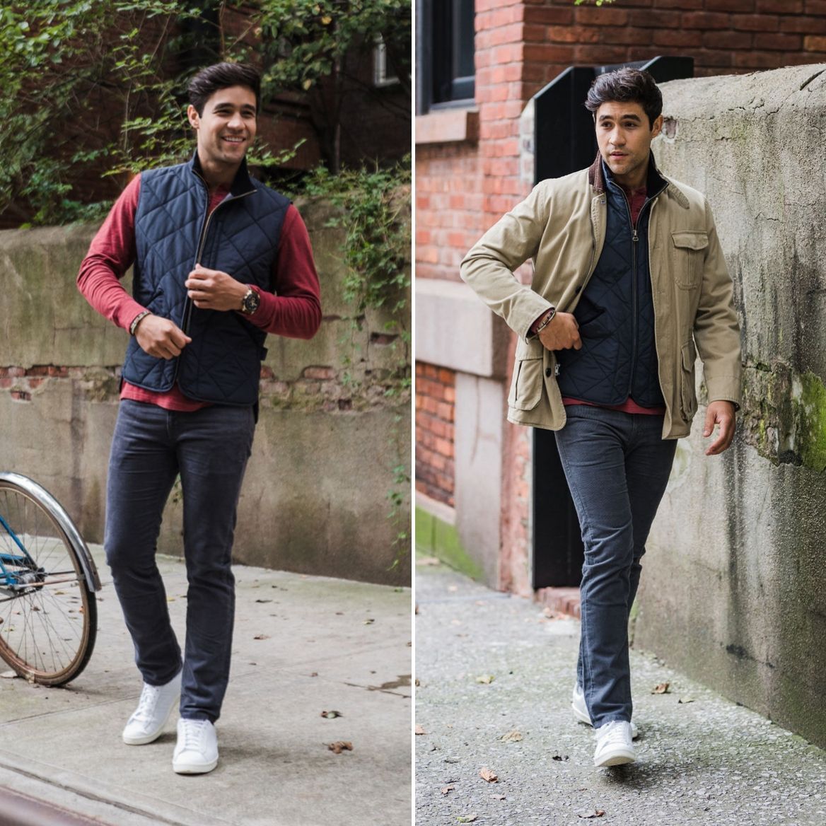 peter manning navy flatiron vest worn as outerwear vs. a layer underneath a jacket