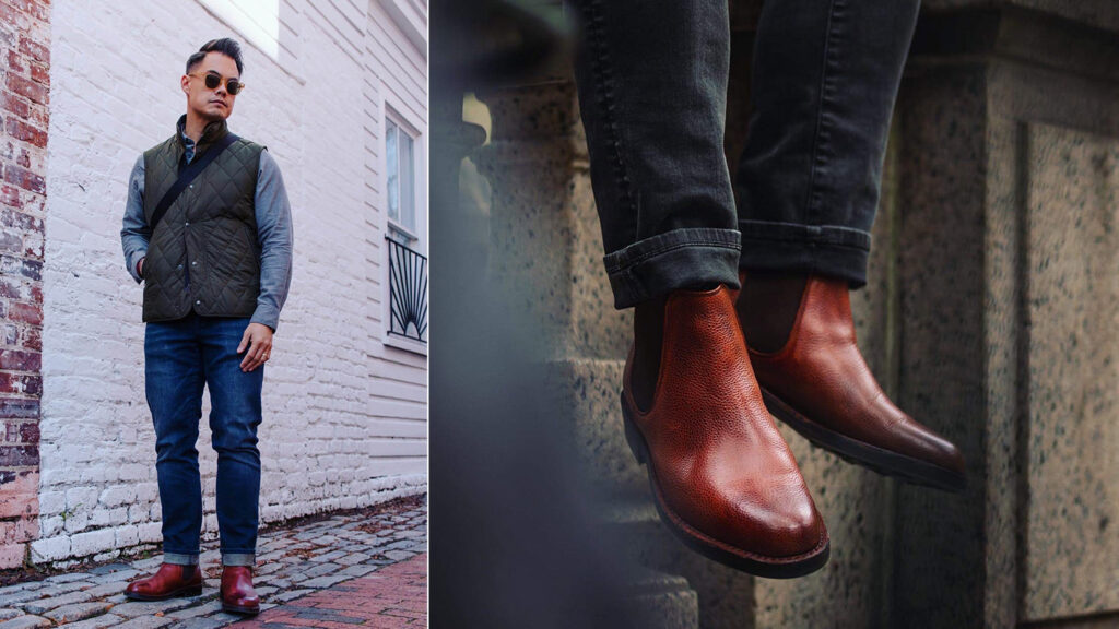 tan leather slip on boots with dark jeans