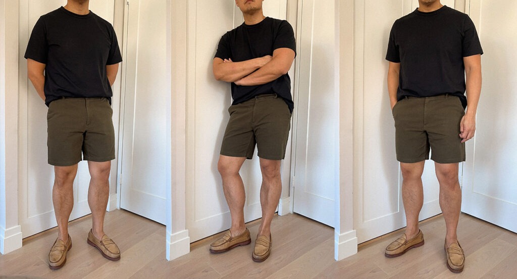 man wearing black t shirts and dark green shorts from Olivers