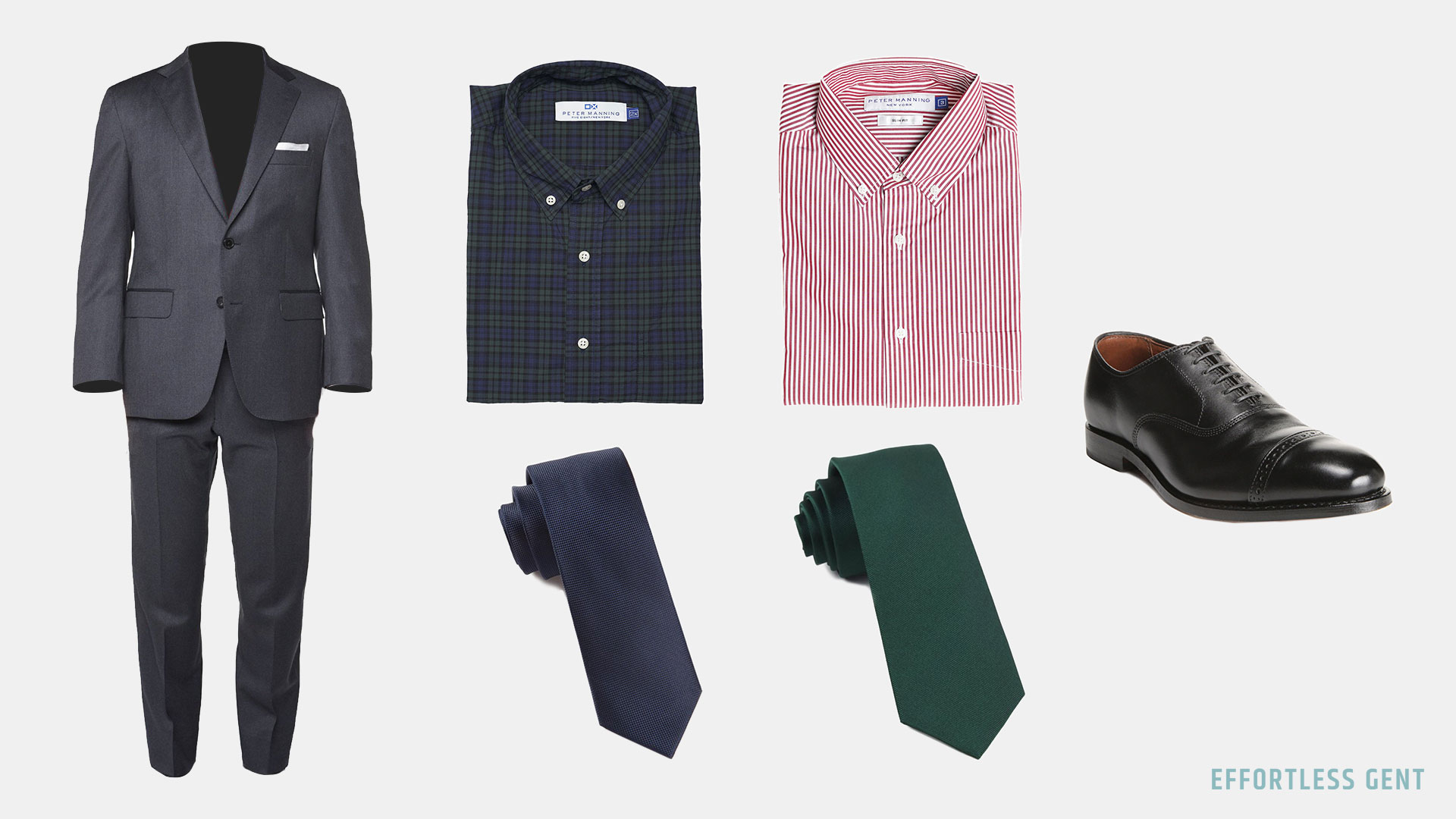 grey suit with shirt and tie options for holiday parties