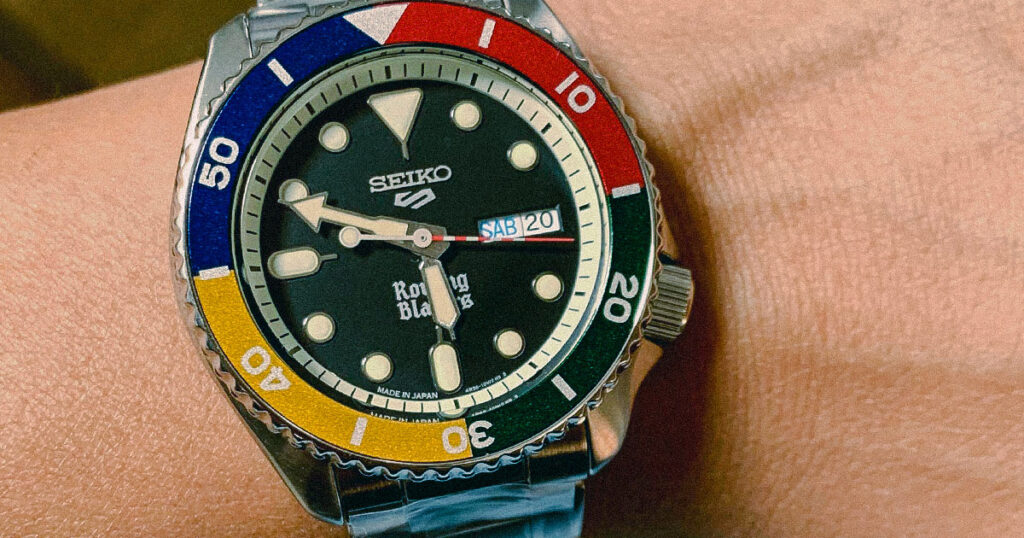 closeup of seiko rowing blazers watch face