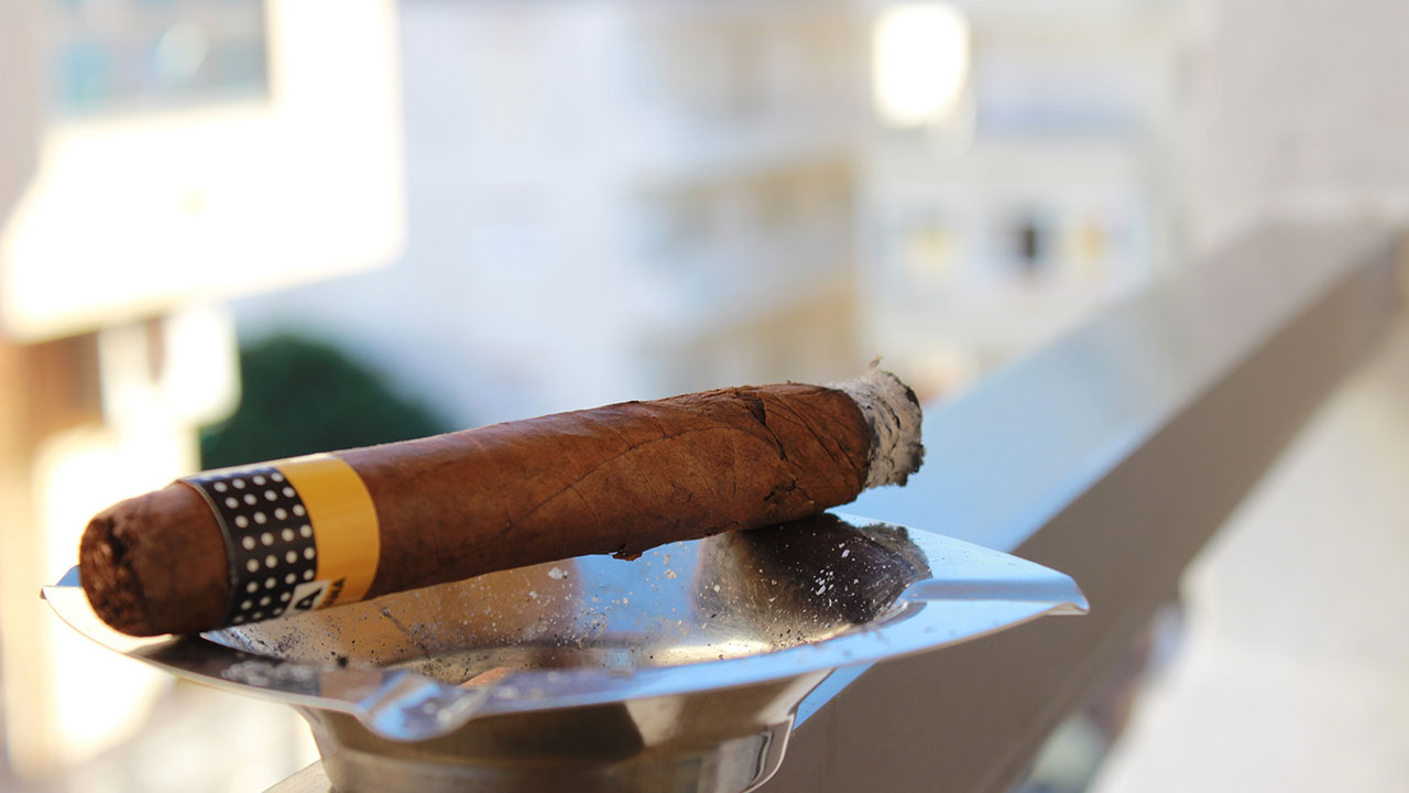 lit cigar with ash on ashtray