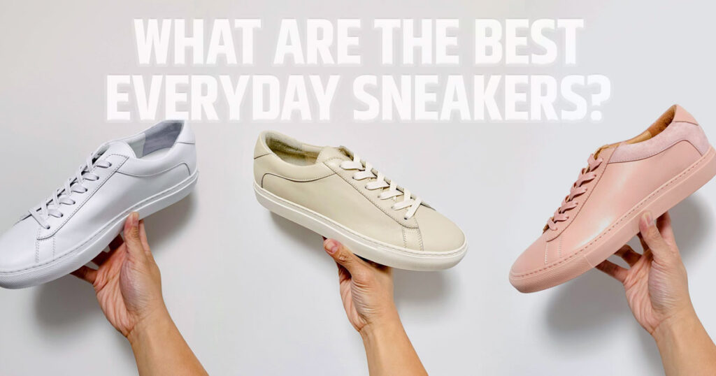 white sneakers tan sneakers and pink sneakers