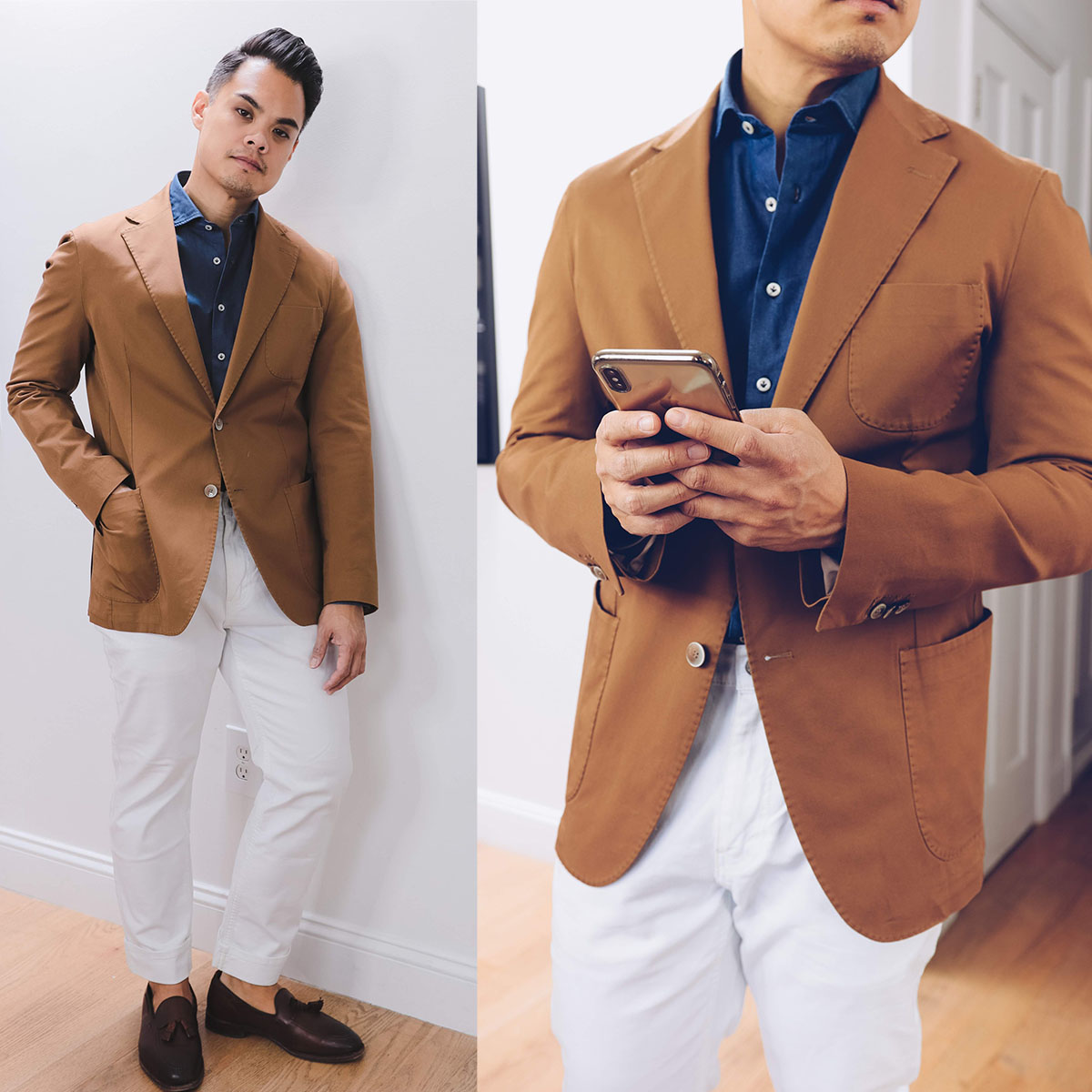 man wearing tan jacket and white jeans and a blue shirt