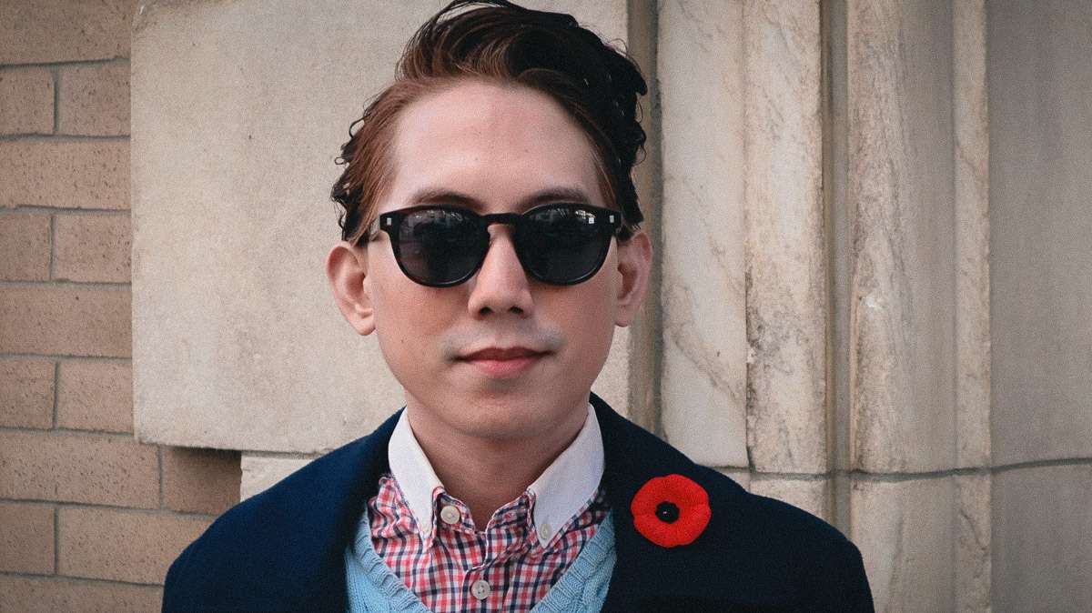 closeup of man wearing tomahawk glasses in sun