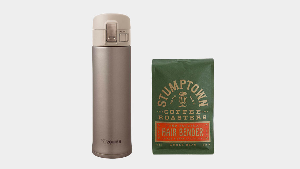 zojirushi insulated coffee mug and stumptown coffee beans